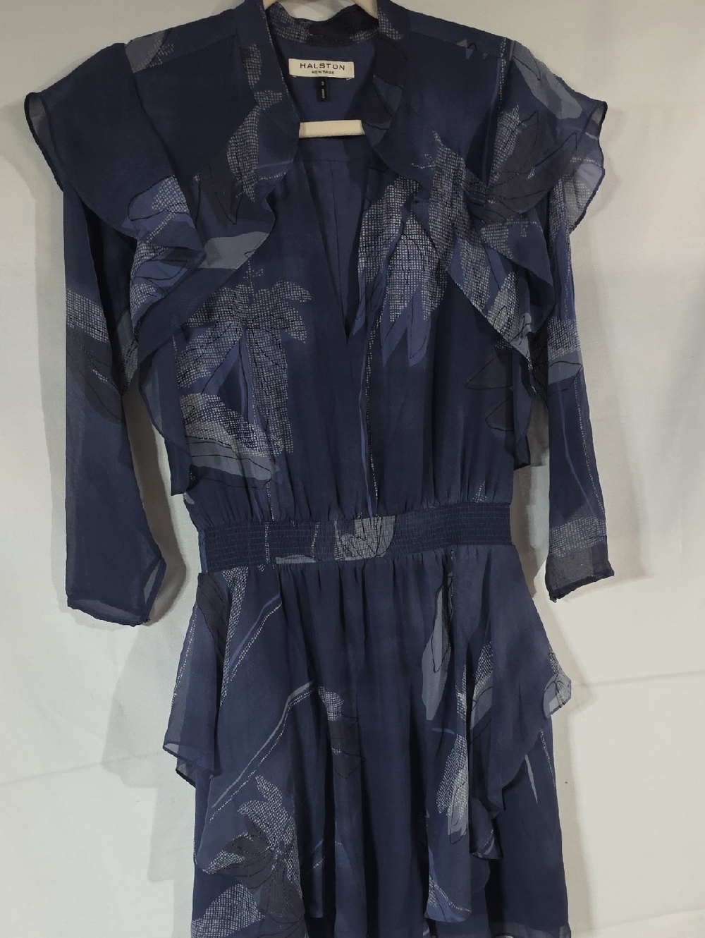 Halston Heritage Navy Printed Long-Sleeve Ruffle Dress